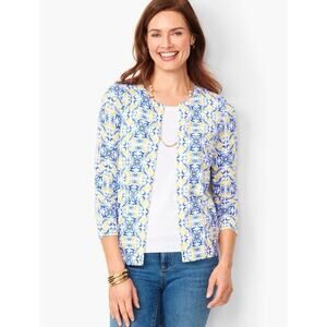 Talbots Women’s Charming Cardigan Flower Lemon Print Blue Yellow Size Large